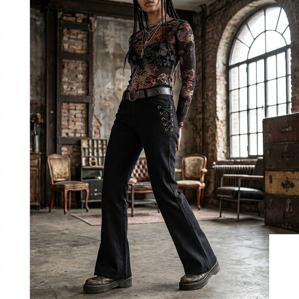 XOXO Girls Black Pants Size 14 NWT Lace Up Accent Rhinestone Pocket Y2K Vibe